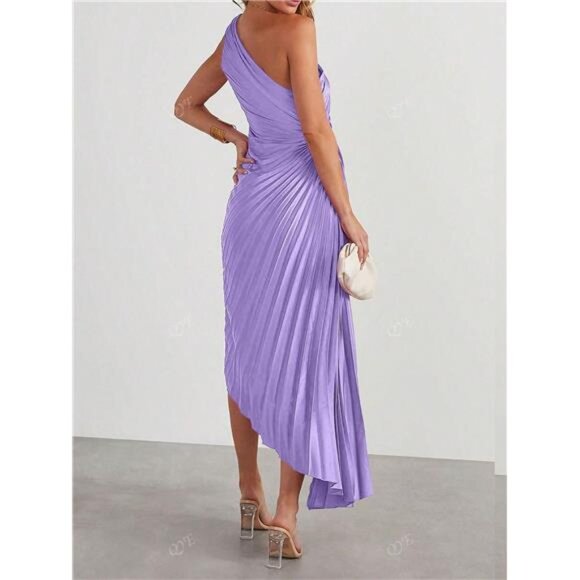 NEW‎ - Elegant Purple Asymmetric Shoulder Cutout Pleated Swing Dress - Picture 4 of 8